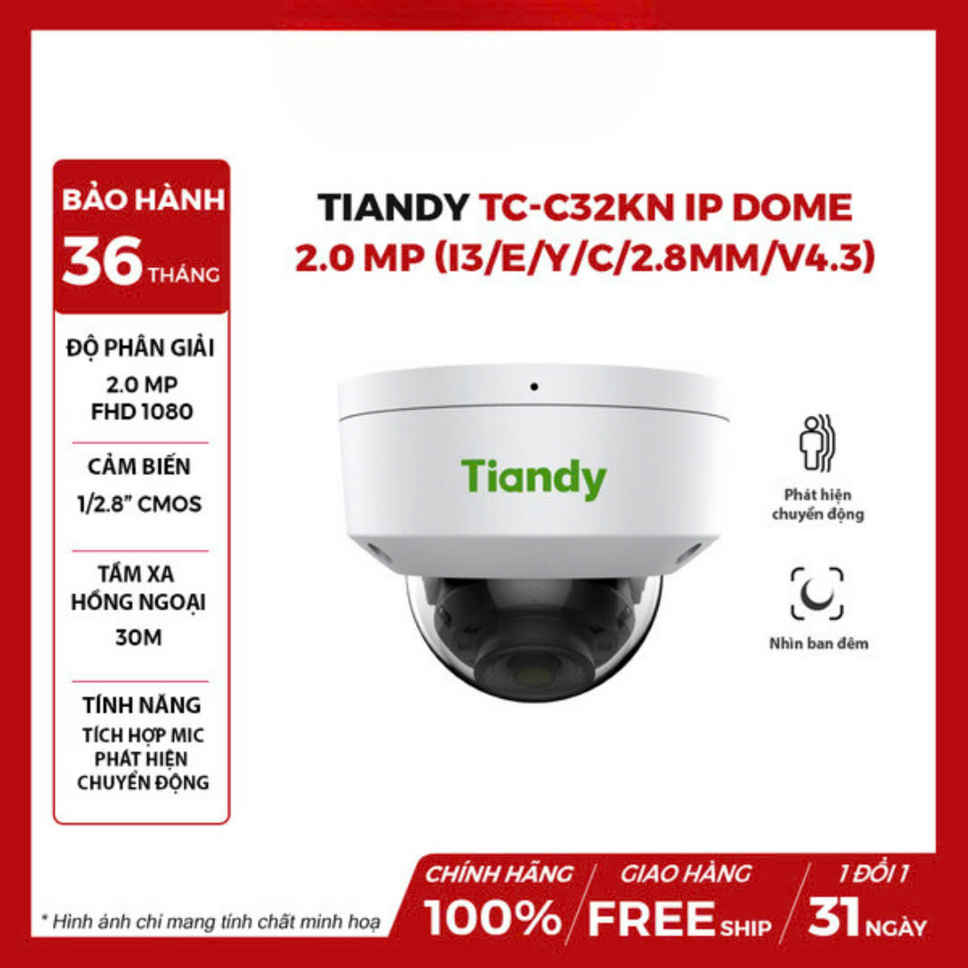 Camera TIANDY TC-C32KN IP Dome Hồng Ngoại 2.0 MP (I3/E/Y/C/2.8mm/V4.3) Camera TIANDY TC-C32KN IP Dome Hồng Ngoại 2.0 MP (I3/E/Y/C/2.8mm/V4.3)